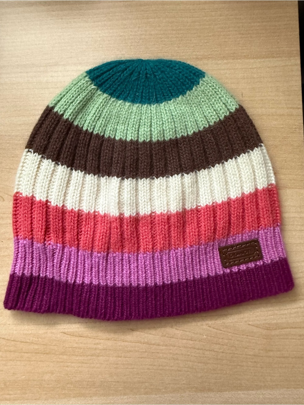 Coach Kids Striped Knit Beanie in Teal, Mint, Brown, White, Coral, Lilac, Plum